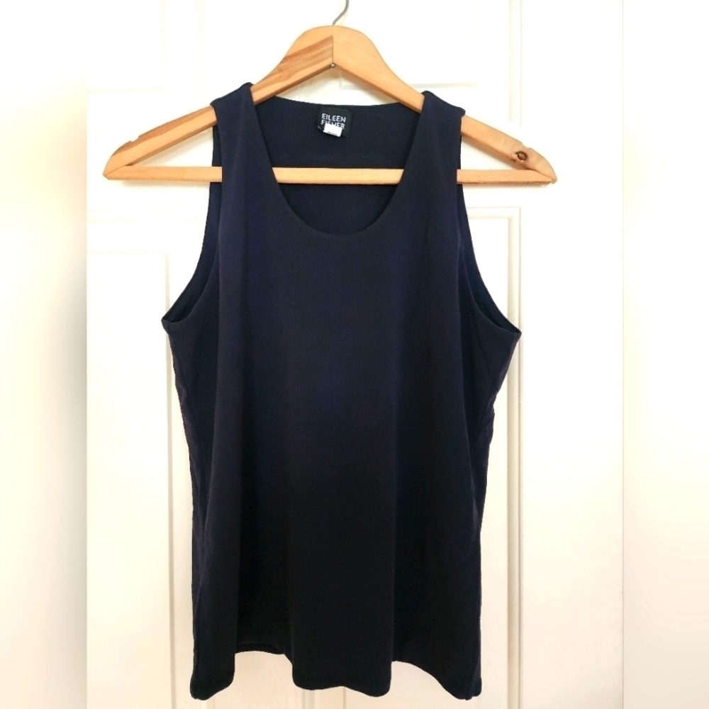 Eileen Fisher Georgette Crepe Tank Size Small Navy 100 Silk Scoop Neck Career
